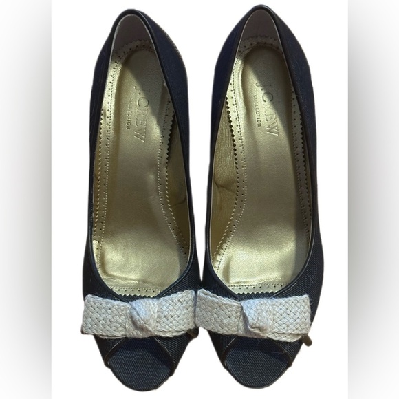 J.Crew Collection Blue Denim Peep Toe Heels Size 8.5 Bow Accent Made in Italy - Picture 1 of 9